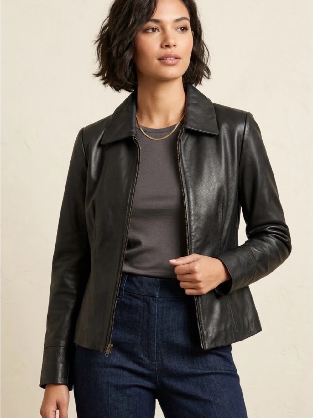 Preston & York Black Leather Zip-Front Jacket